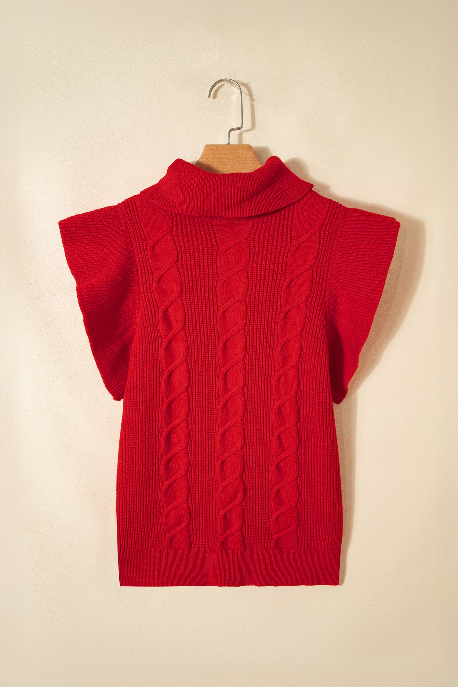 Jet Stream Cable Knit Turtleneck Ruffled Short Sleeve Sweater