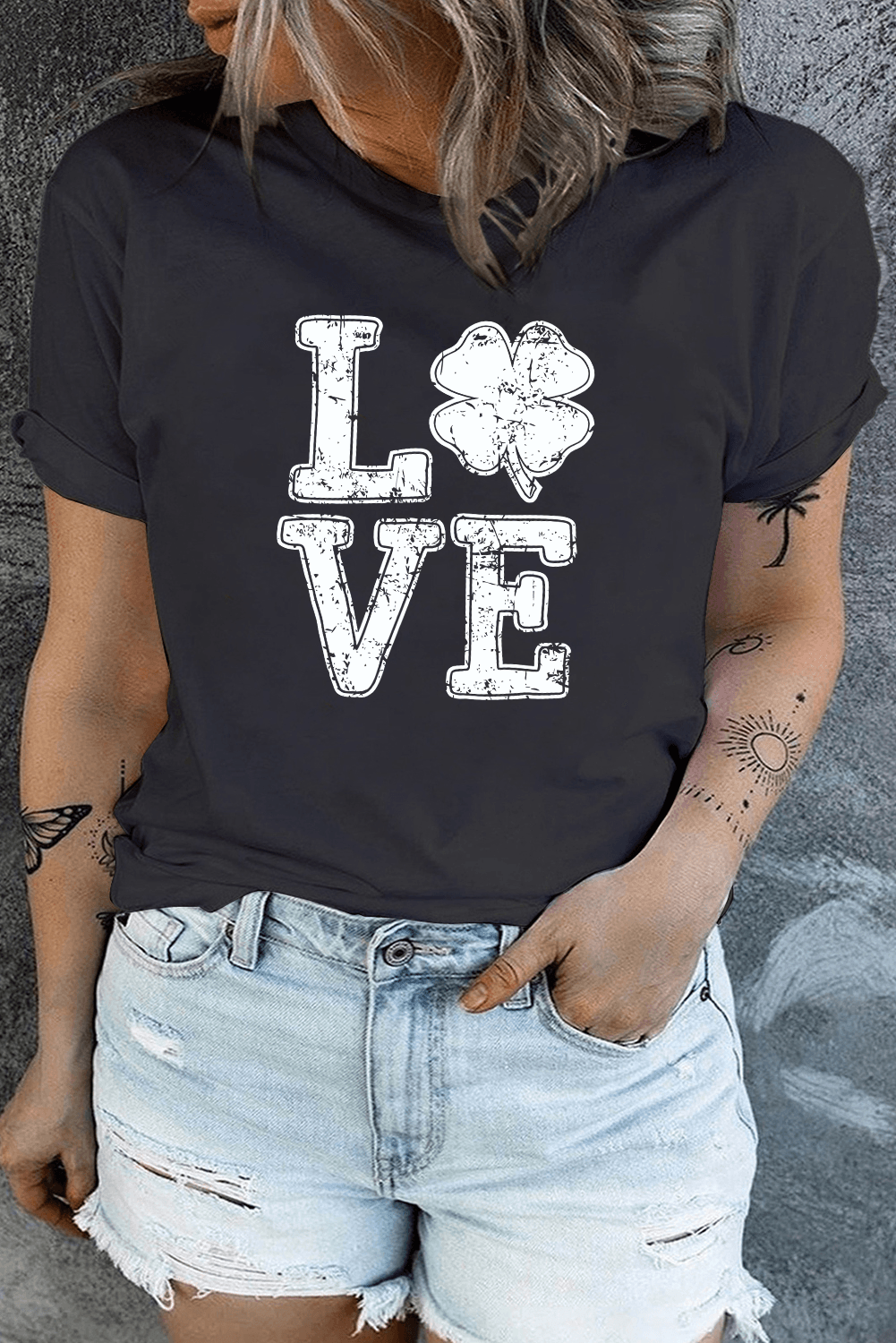 Black LOVE Clover Print Crewneck Plus Size T Shirt - L & M Kee, LLC