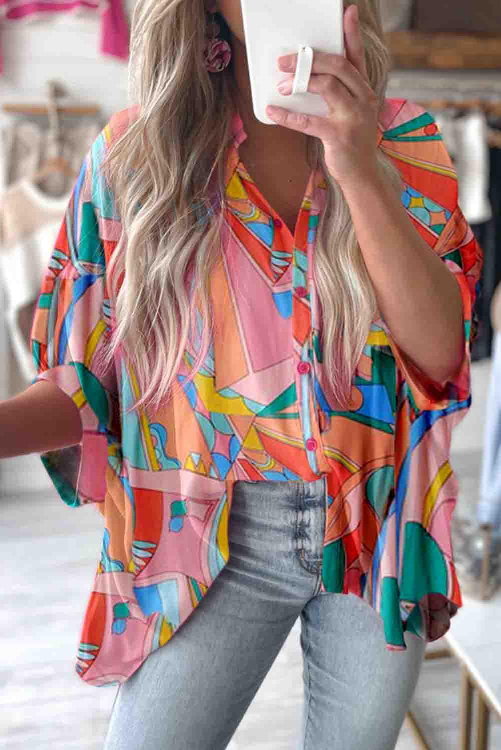 Multicolor Geometric Abstract Print Long Sleeve Shirt Dress - L & M Kee, LLC