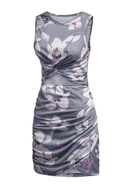 Gray Floral Print Hollow Out Wrap Tie Mini Dress - L & M Kee, LLC