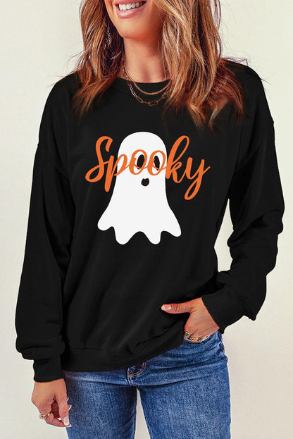 Black Halloween Spooky Ghost Print Crewneck Pullover Sweatshirt - L & M Kee, LLC