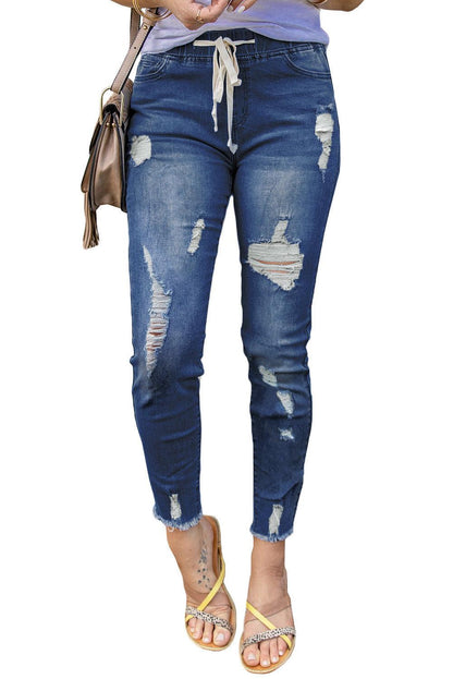 Blank Apparel - Blue Drawstring Elastic Waist Hole Ripped Jeans - L & M Kee, LLC