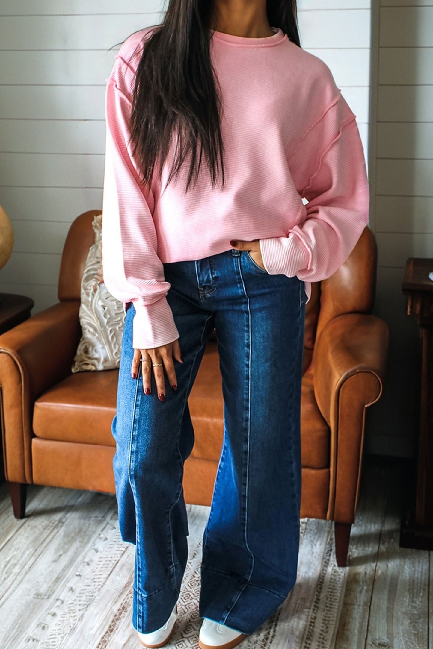 Pink Horizontal Ribbed Exposed Seam Detail Long Sleeve Top