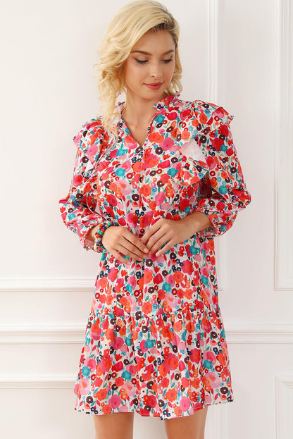 Multicolour Ruffle Split Neck Floral Long Sleeve Dress - L & M Kee, LLC