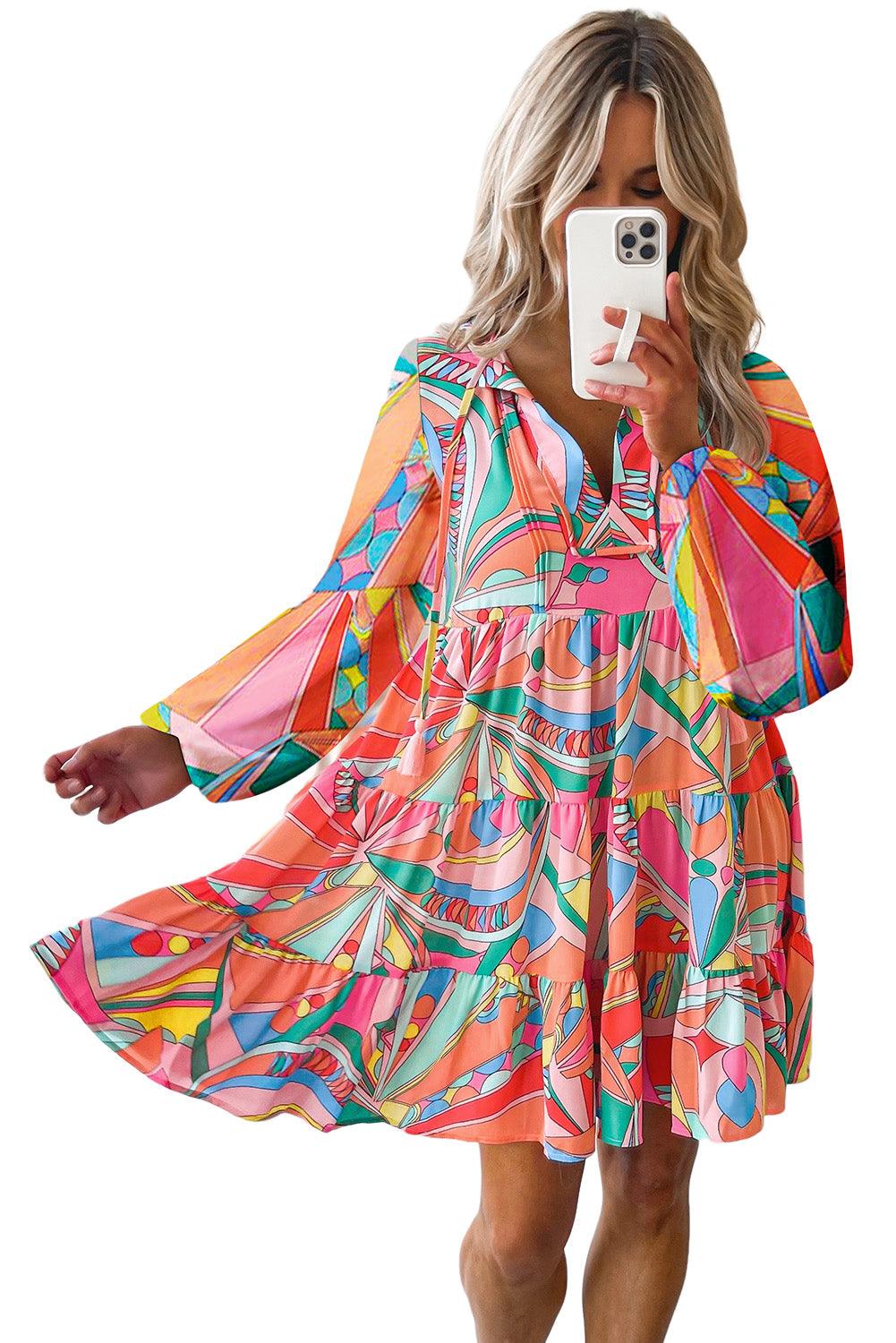 Multicolor Geometric Abstract Print Long Sleeve Shirt Dress - L & M Kee, LLC