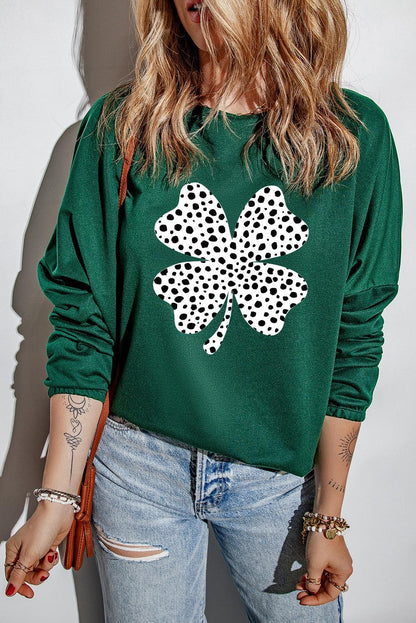 Green Leopard Clover Print Drop Sleeve Crewneck Blouse - L & M Kee, LLC