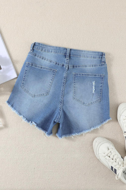 Dark Blue Frayed Hem Denim Shorts - L & M Kee, LLC