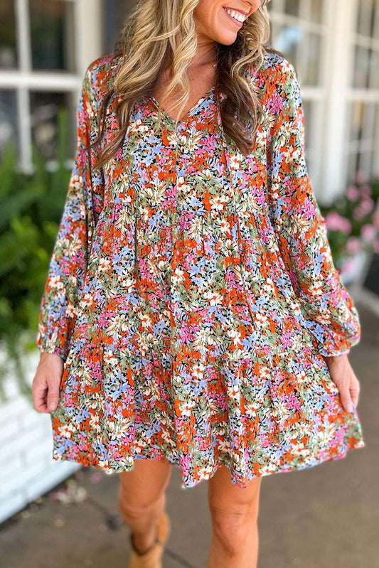 Multicolor Floral Neck Tie Long Sleeve Flared Dress - L & M Kee, LLC