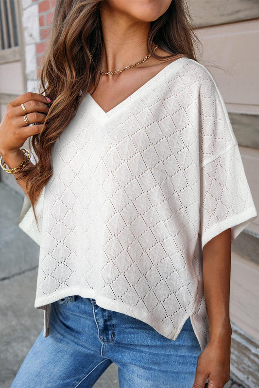 White V Neck Knitted Flowy Blouse - L & M Kee, LLC