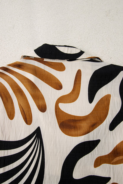 White Plus Size Abstract Print Contrast Collar Split Neck Shift Long Dress