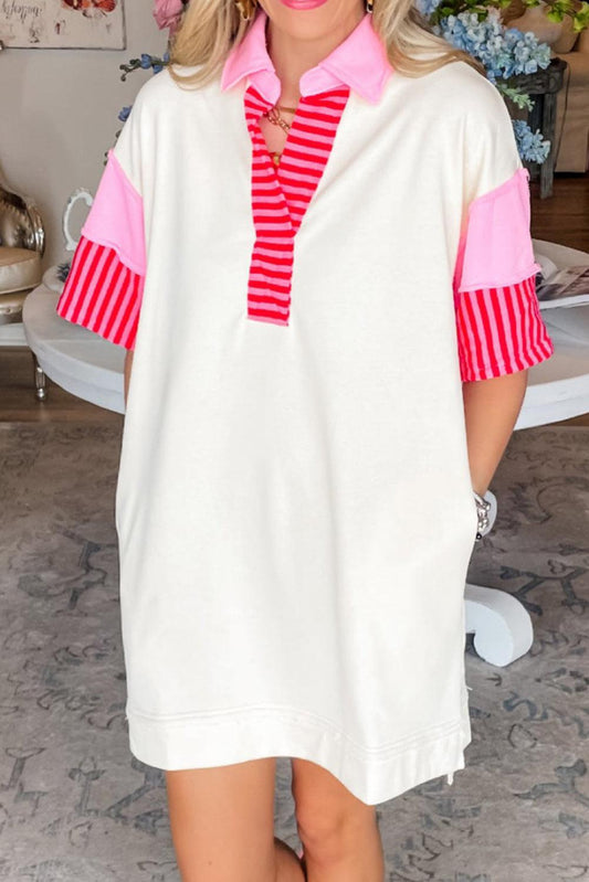 White Stripe Colorblock Patchwork Short Sleeve T Shirt Dress - L & M Kee, LLC