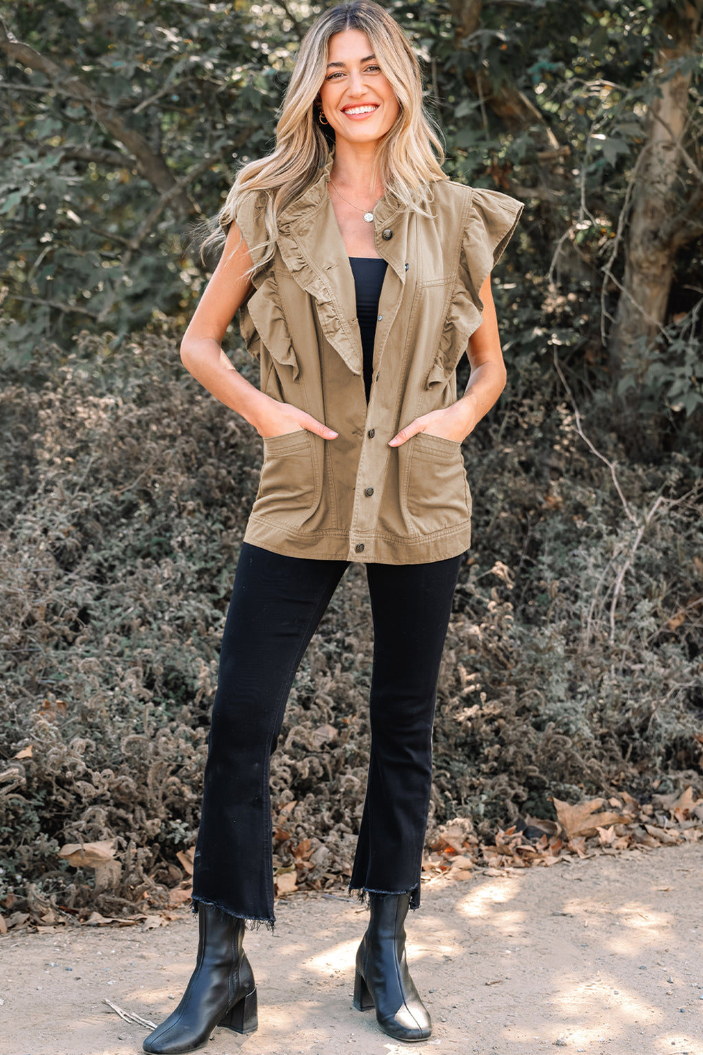 Pale Khaki Ruffled Patchwork Denim Jacket Vest