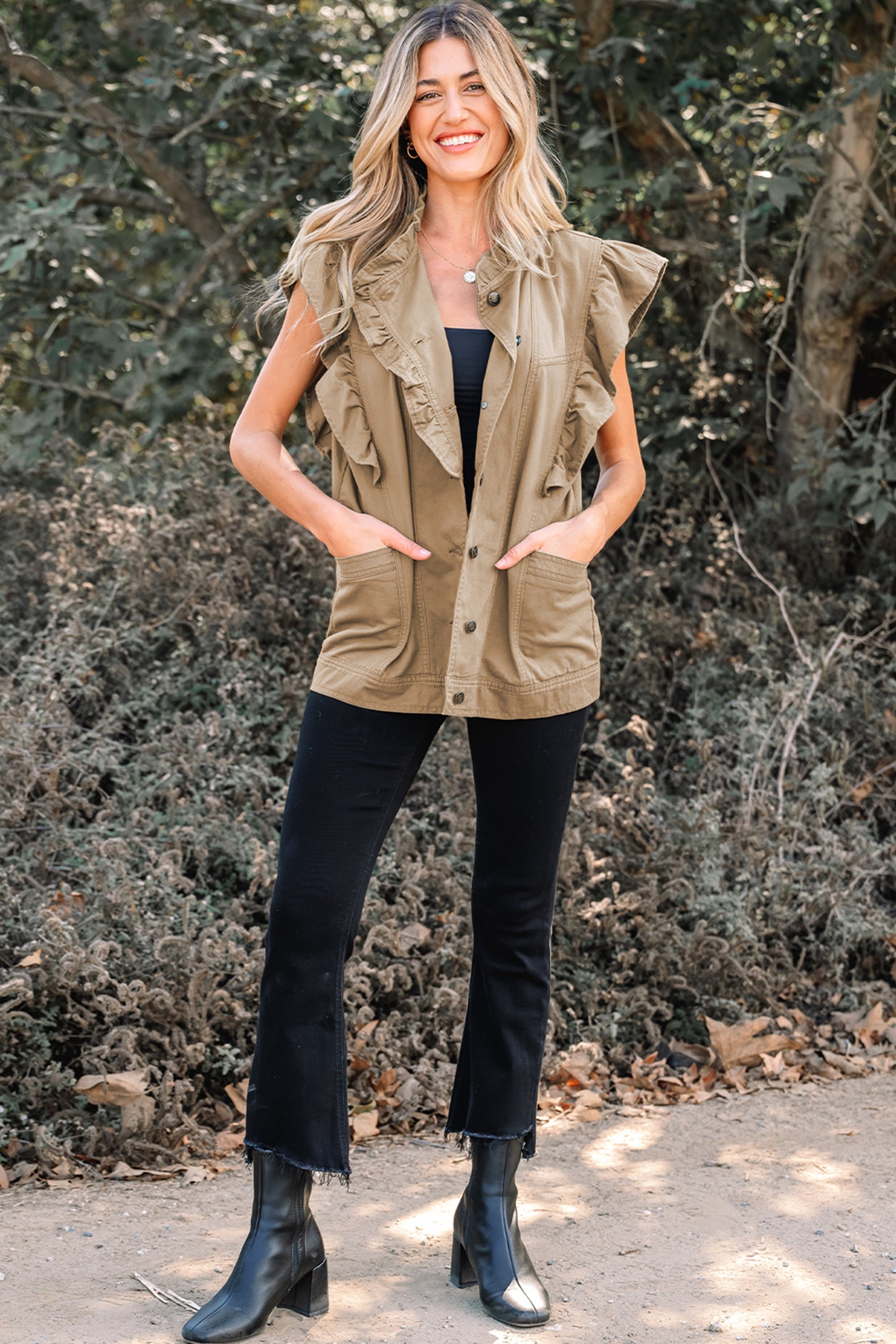 Pale Khaki Ruffled Patchwork Denim Jacket Vest