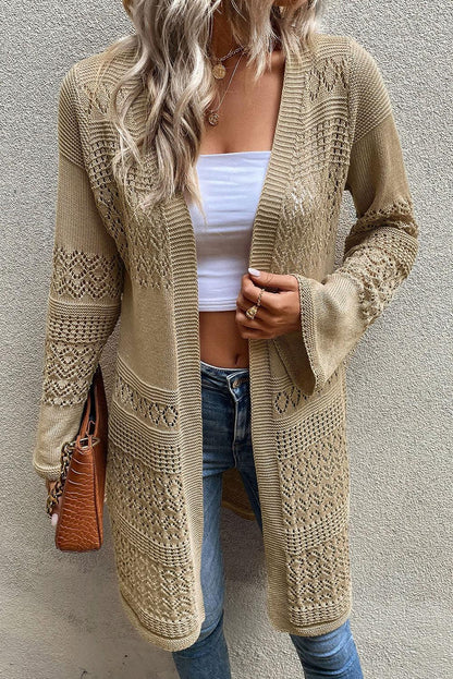 Khaki Pointelle Knit Open Front Cardigan - L & M Kee, LLC