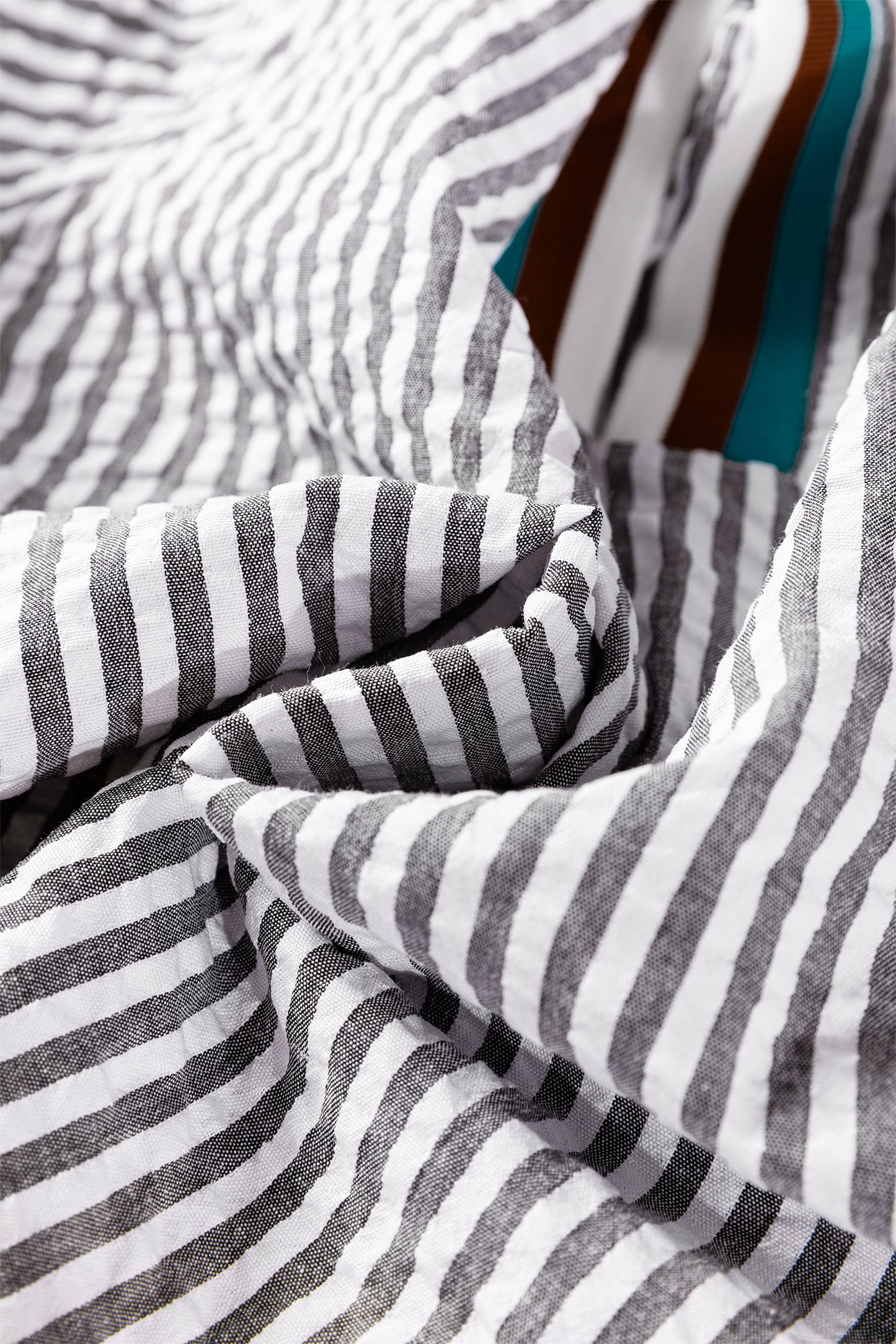 Dark Grey Striped Print Contrast Patchwork Detail Split Neck Blouse