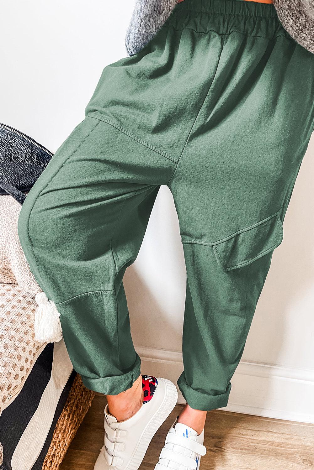 Mist Green Elastic Waist Cargo Pants - L & M Kee, LLC