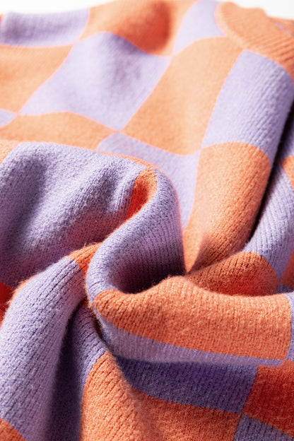 Grapefruit Orange Checkered Pattern Ribbed Trim Knit Baggy Sweater