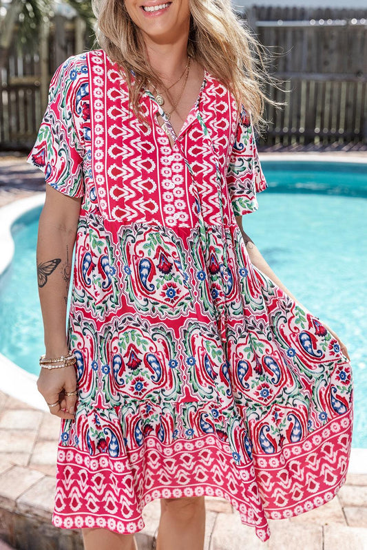 Pink Bohemian Print Tie Neck Ruffle Hem Short Dress - L & M Kee, LLC