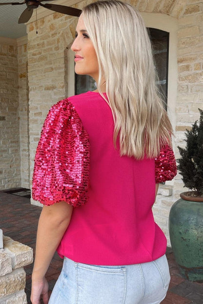 Rose Red Bow Tie Print Sequin Contrast Sleeve T Shirt - L & M Kee, LLC