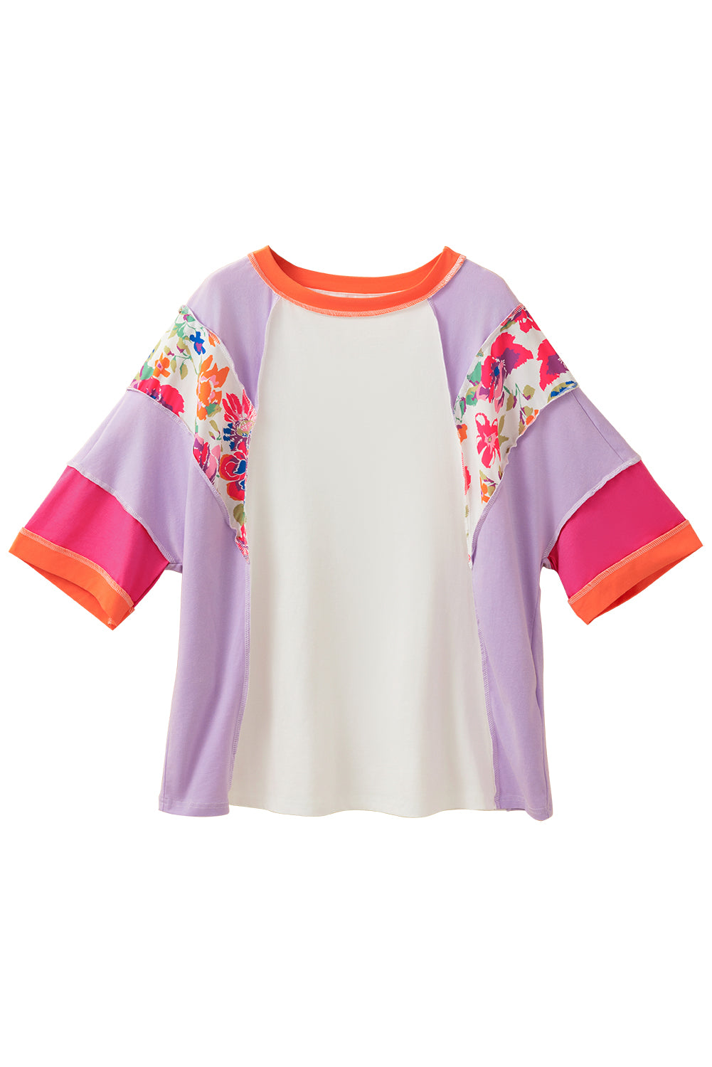 Sachet Pink Floral Color Block Patchwork 3/4 Sleeve Casual Blouse