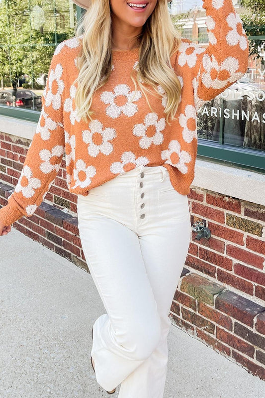 Grapefruit Orange Fuzzy Floral Knitted Drop Shoulder Sweater - L & M Kee, LLC