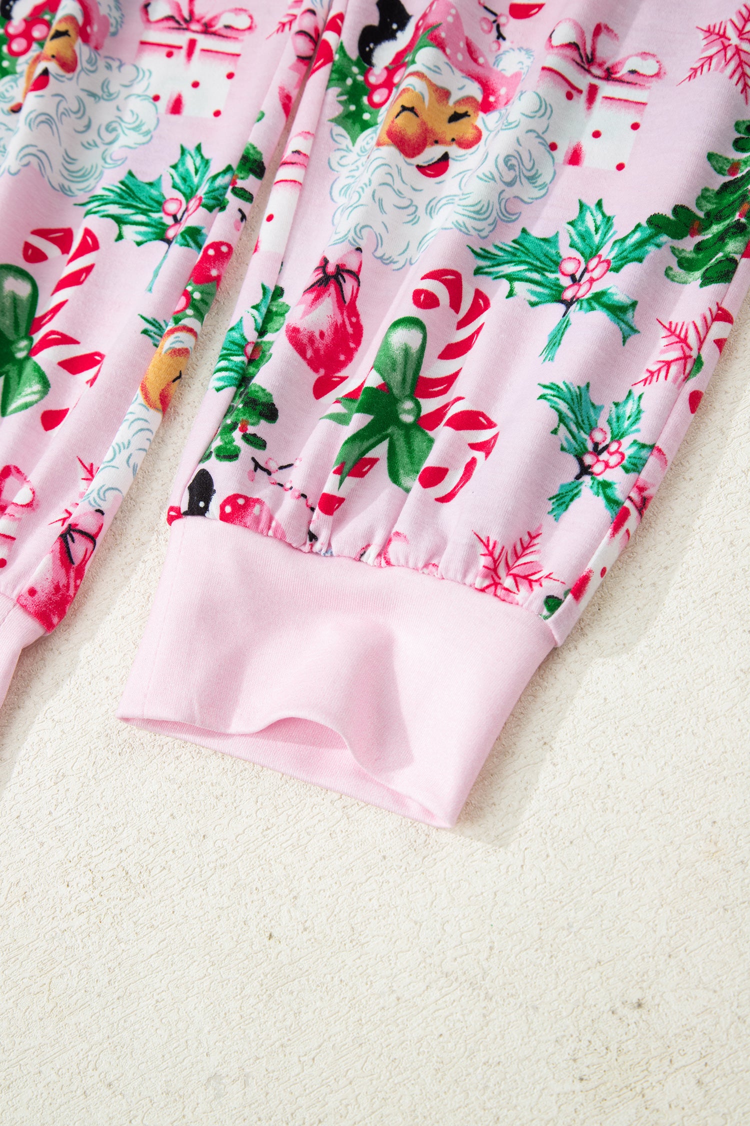 Pink Christmas Pattern Button V Neck Pullover Drawstring Pants 2pcs Lounge Set