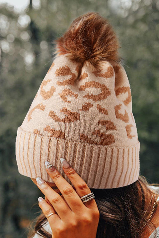 Light French Beige Leopard Knit Curled Hem Pompom Beanie Hat - L & M Kee, LLC