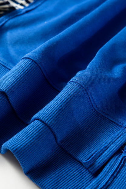 Dark Blue Striped Patchwork Sleeve Colorblock Sweatshirt