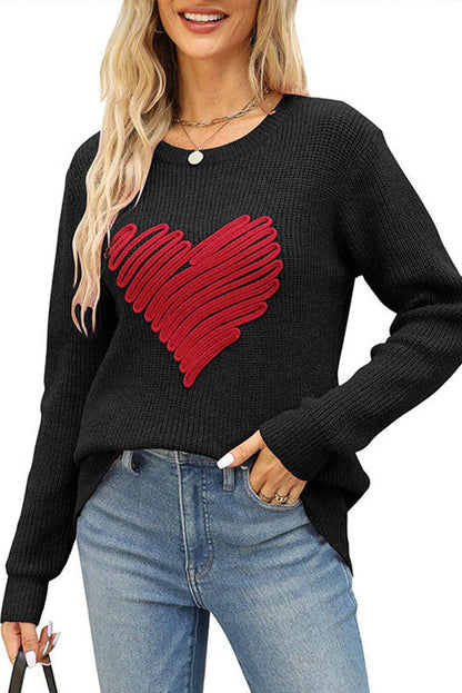 Black Valentines Heart Sketch Round Neck Sweater - L & M Kee, LLC