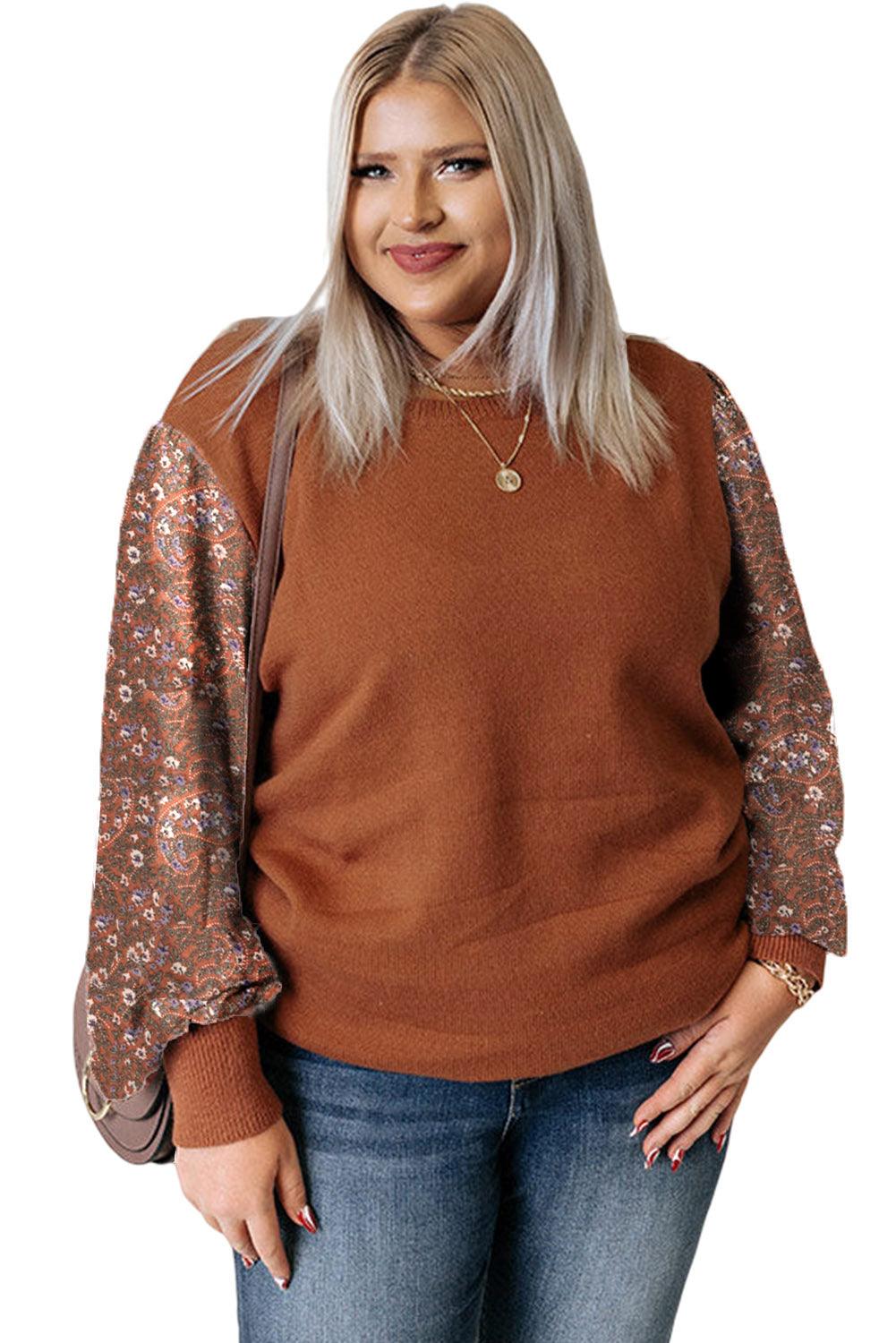 Brown Plus Size Printed Splicing Sleeve Ribbed Trim Sweater - L & M Kee, LLC