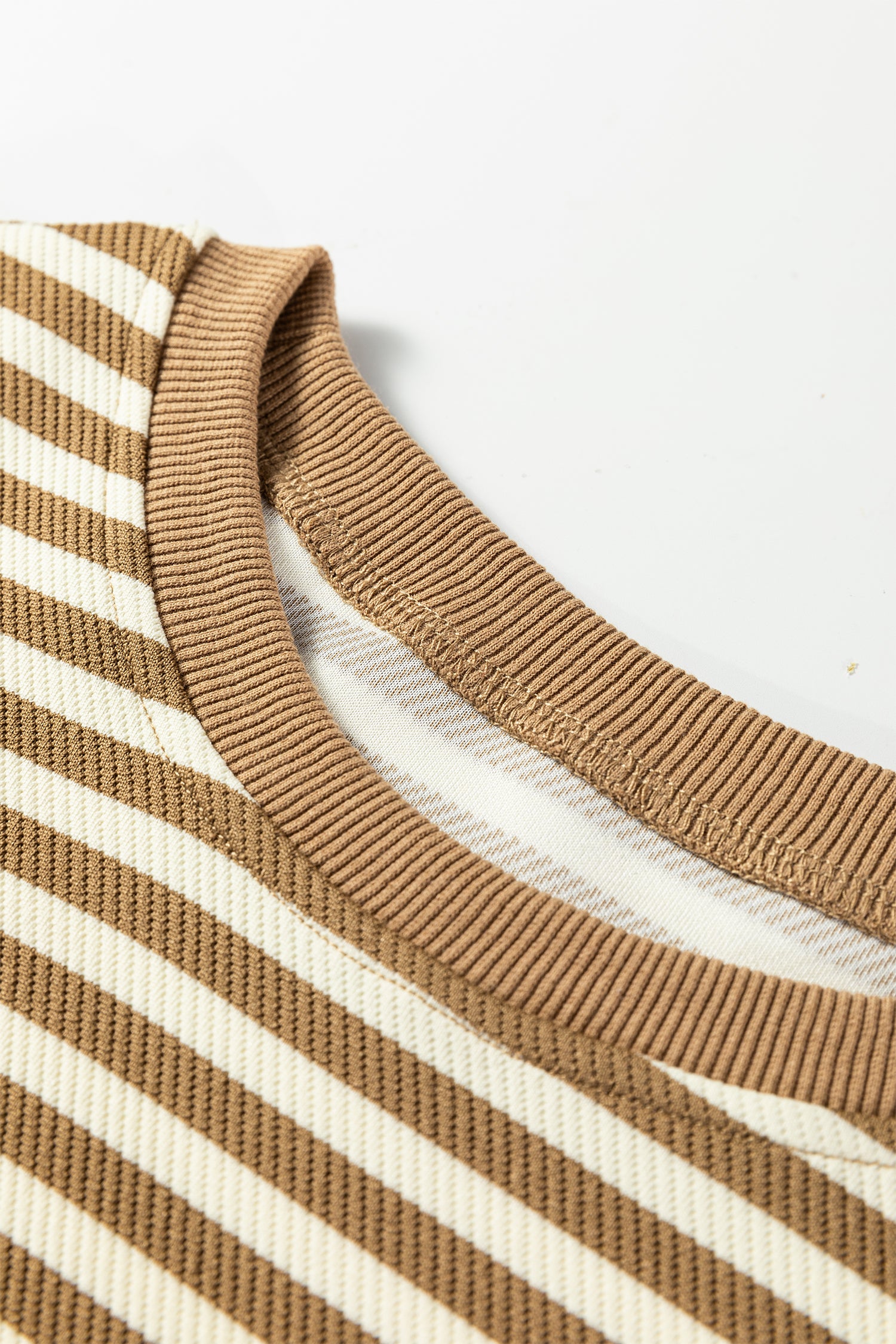 Black Stripe Textured Drop Shoulder Pullover Top Drawstring Mini Skirt Two Piece Dress Set