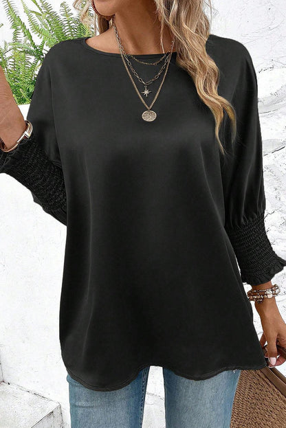 Black Shirred Dolman Sleeve Satin Blouse - L & M Kee, LLC