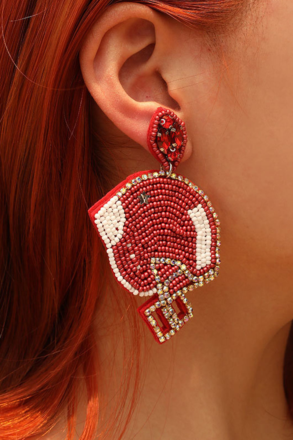 Fiery Red Game Day Rice Beaded Football Helmet Dangle Earrings