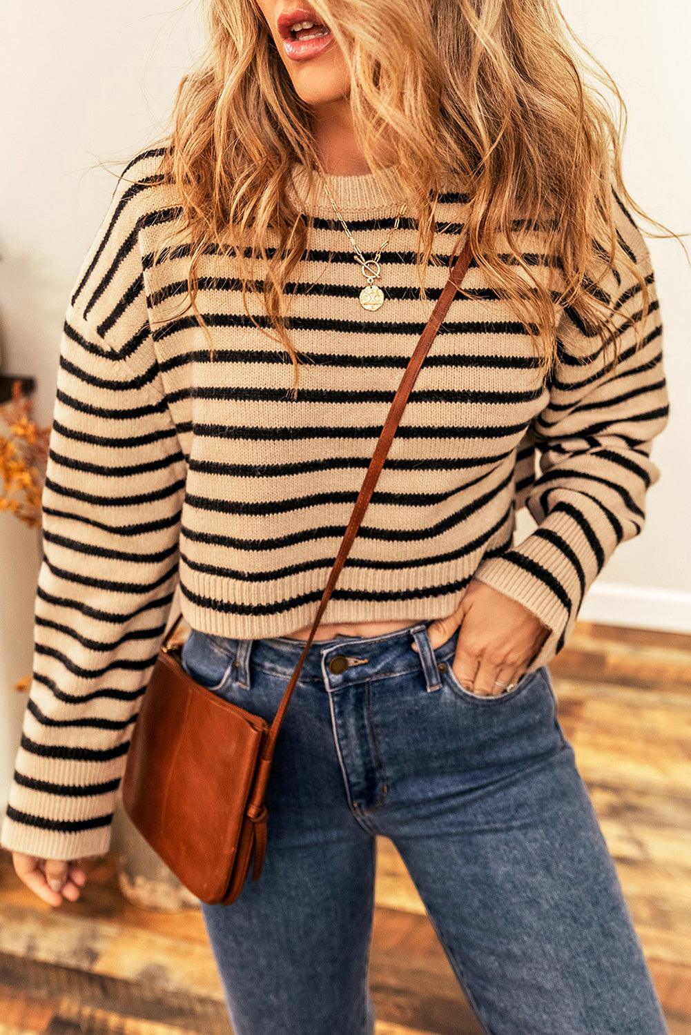 Light French Beige Striped Knit Drop Shoulder Crewneck Cropped Sweater - L & M Kee, LLC