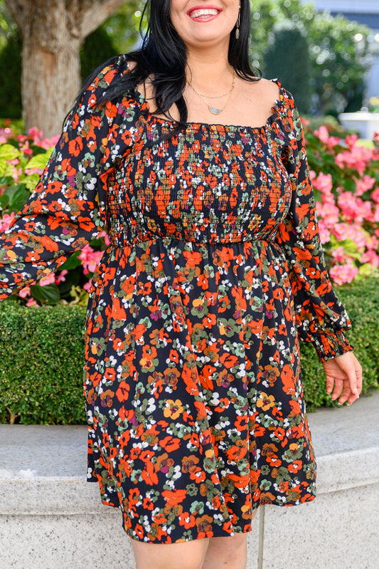 Multicolor Plus Size Smocked Long Sleeve Floral Dress - L & M Kee, LLC