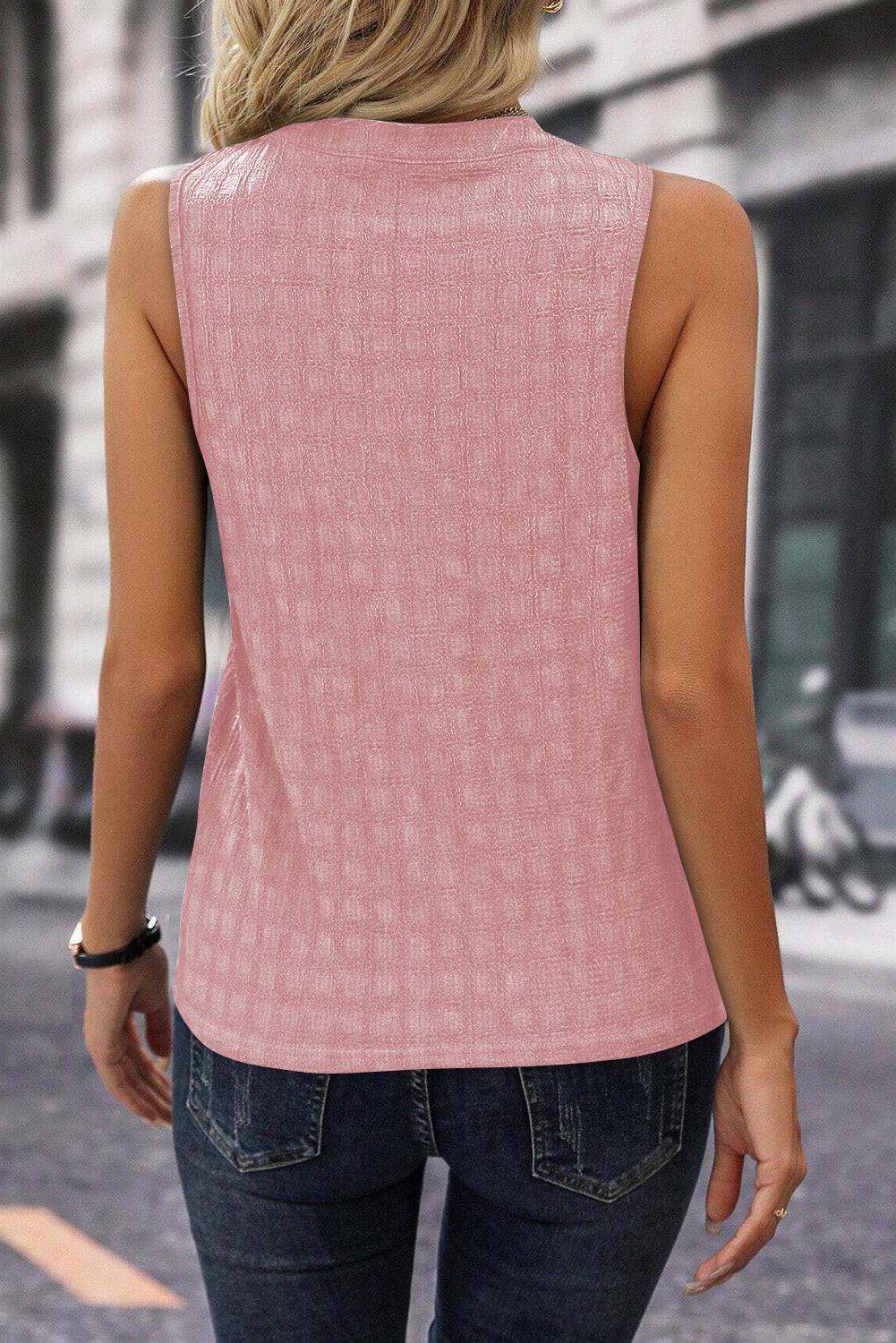 Pink Lattice Textured Split Neck Tank Top - L & M Kee, LLC