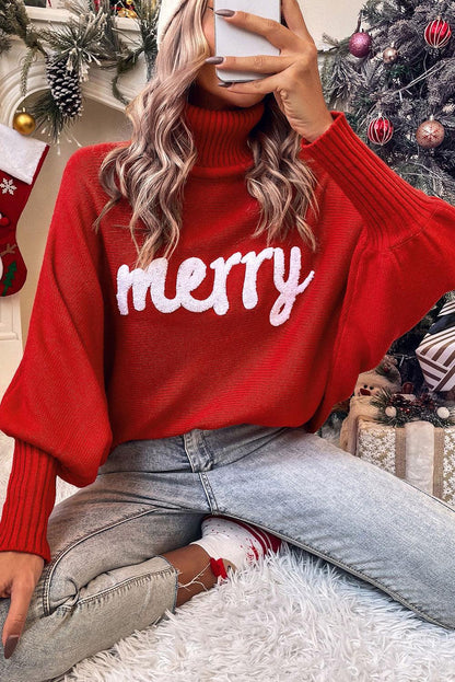 Red Merry Letter Embroidered High Neck Sweater - L & M Kee, LLC