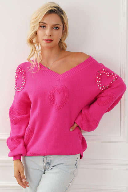 Rose Red Pearl Embellished Fuzzy Hearts V Neck Sweater - L & M Kee, LLC