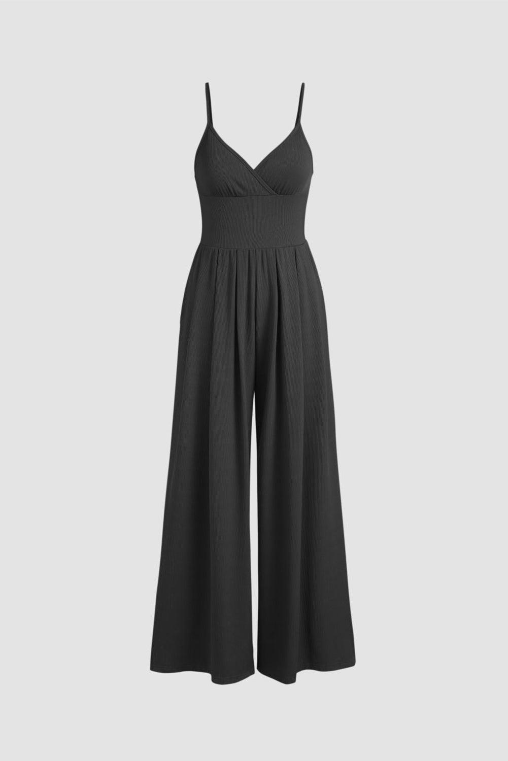 Black Wide Leg High Waist Sexy V Neck Cami Jumpsuit - L & M Kee, LLC