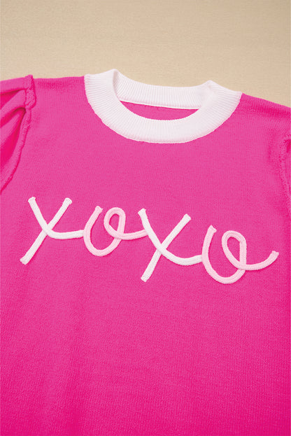 Bright Pink XOXO Embroidered Graphic Valentines Contrast Trim Crew Neck Short Puff Sleeve Sweater Tee