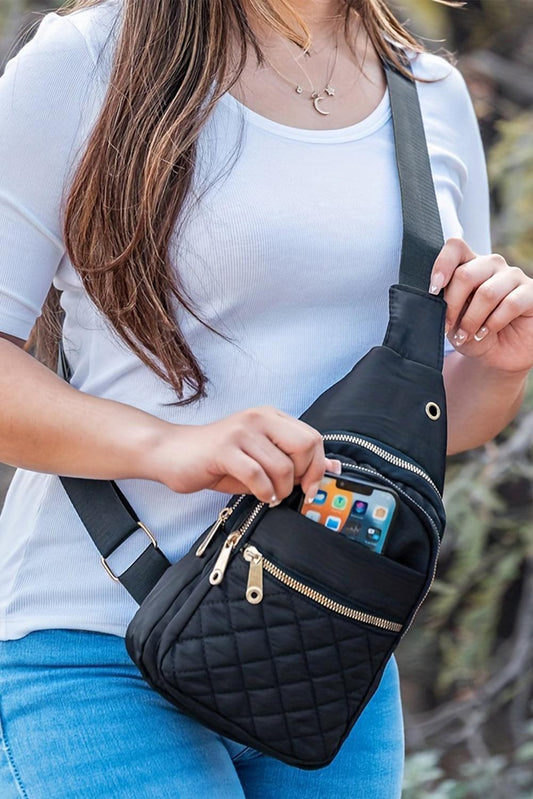 Black Quilted Multi-Pocket Zip Crossbody Chest Bag - L & M Kee, LLC