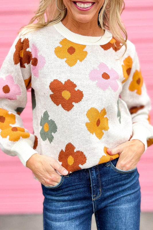 White Sweet Flower Knitted Ribbed Hem Sweater - L & M Kee, LLC