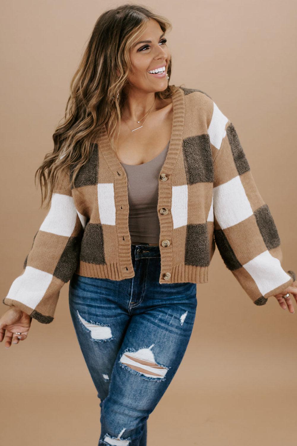 Brown Checkered Knit Ribbed Trim Buttoned Plus Cardigan - L & M Kee, LLC