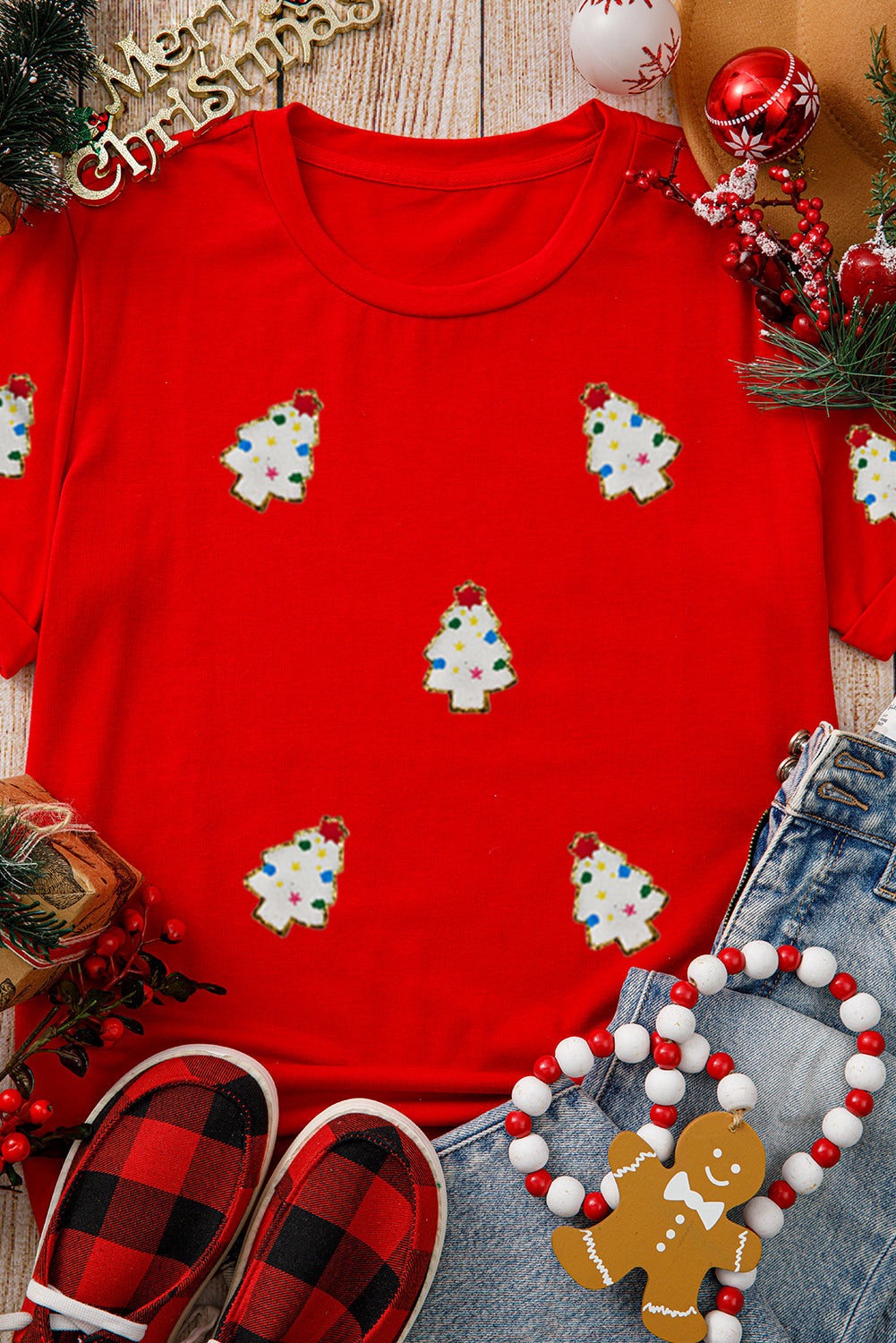 Red Christmas Tree Patched Pattern Crew Neck T Shirt