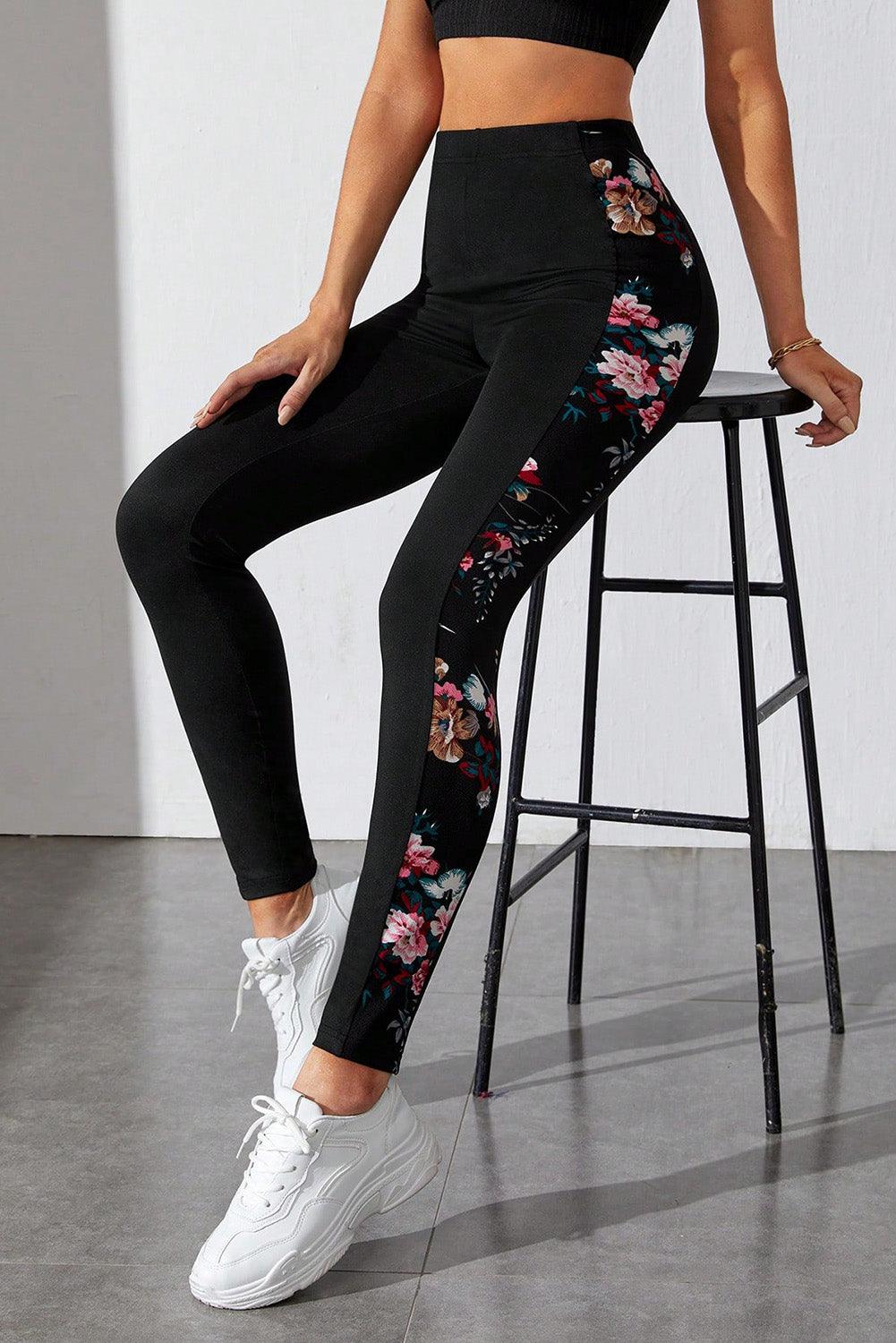 Black Floral Print Patch High Waist Leggings - L & M Kee, LLC