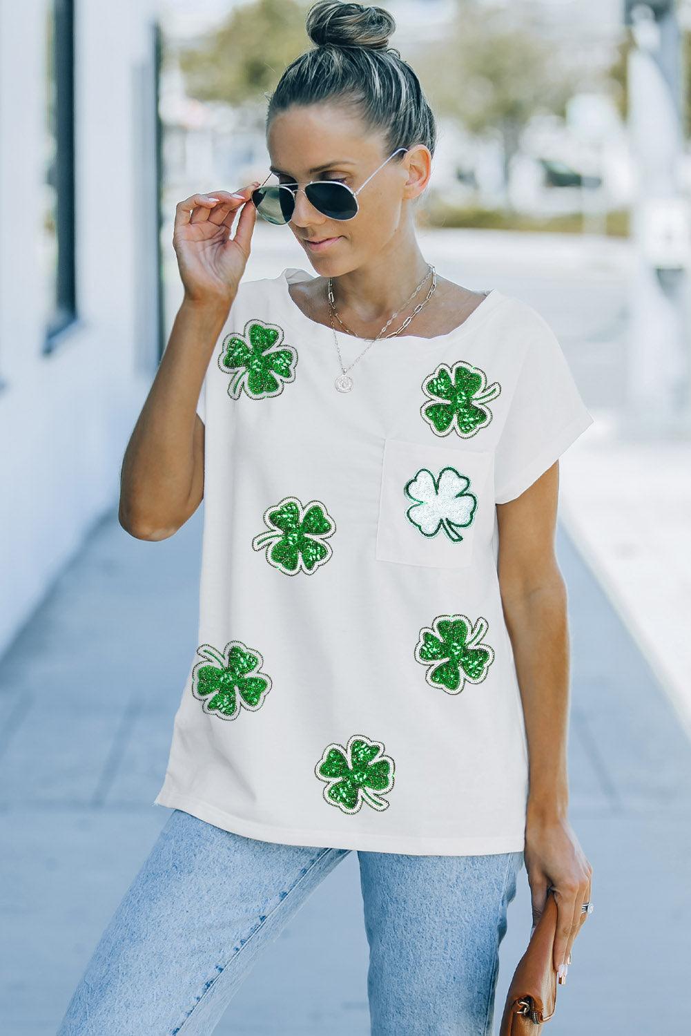 white Sequin St Patrick Clover Patch Pocket Loose Tee - L & M Kee, LLC