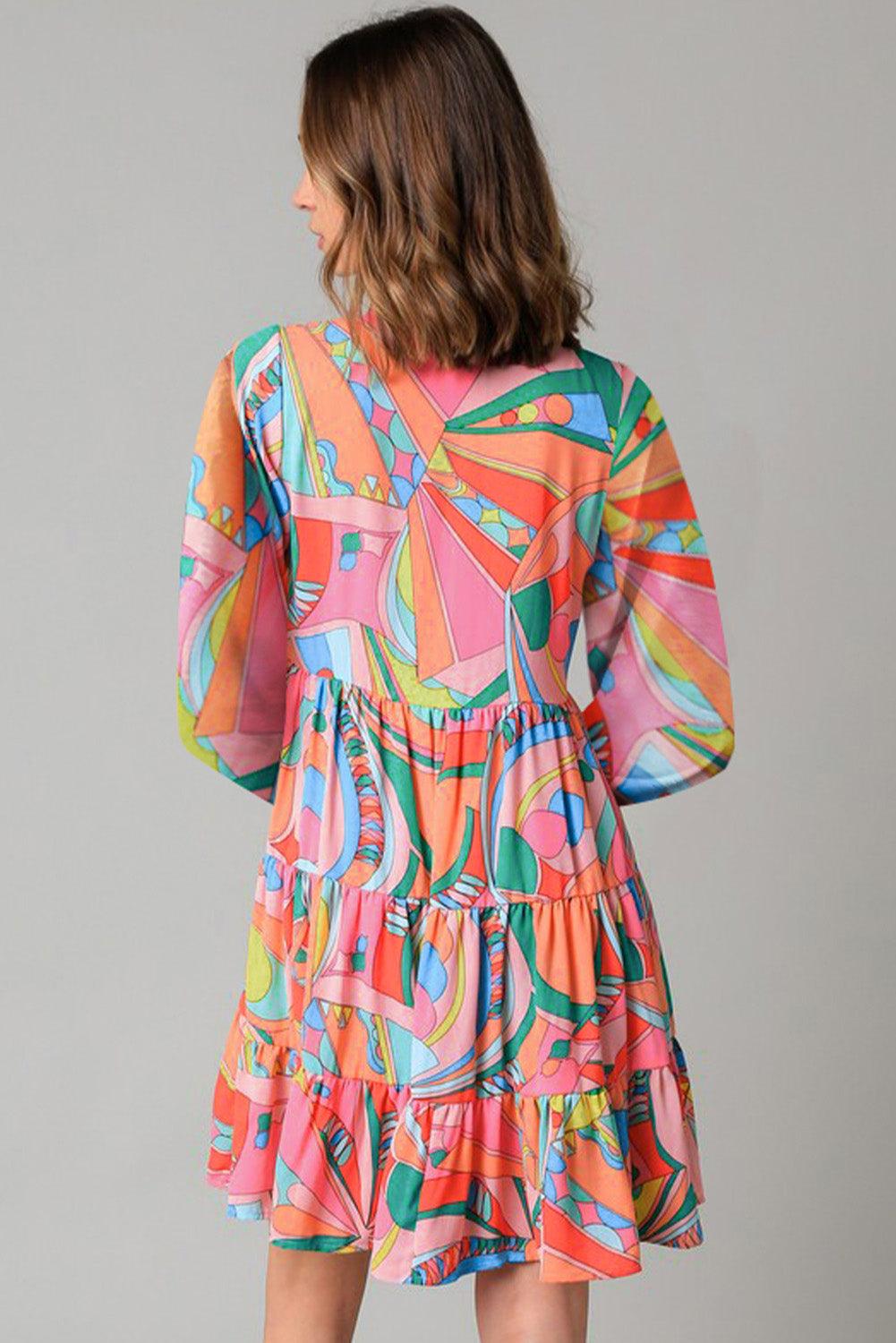 Multicolor Geometric Abstract Print Long Sleeve Shirt Dress - L & M Kee, LLC