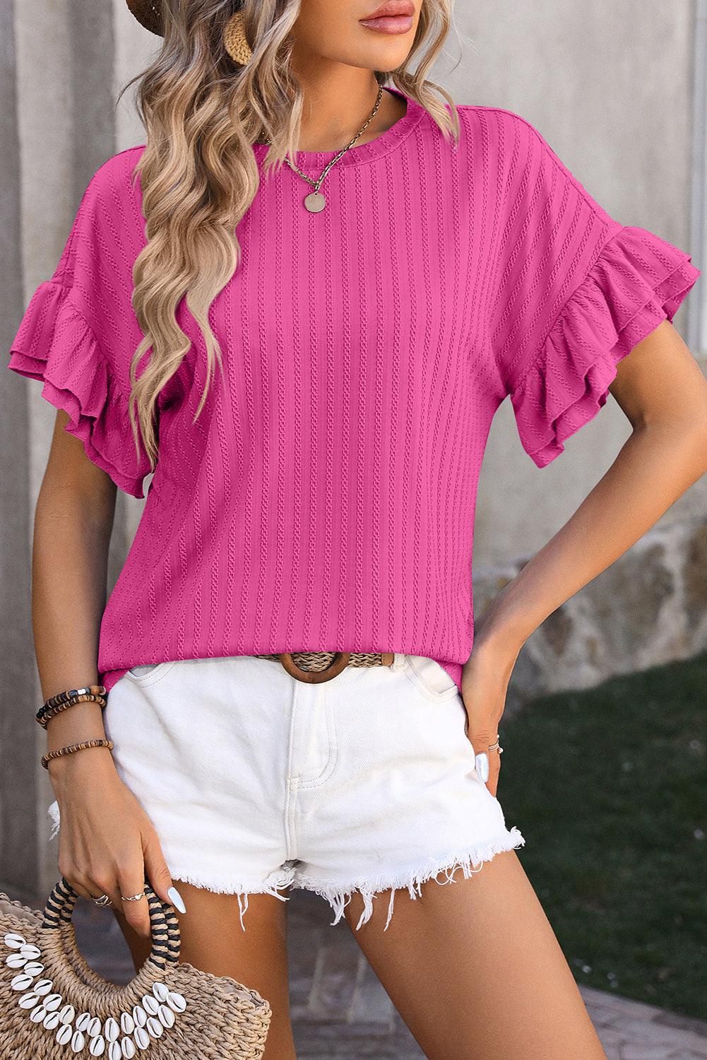 Bright Pink Ruffle Sleeve Textured Top - L & M Kee, LLC