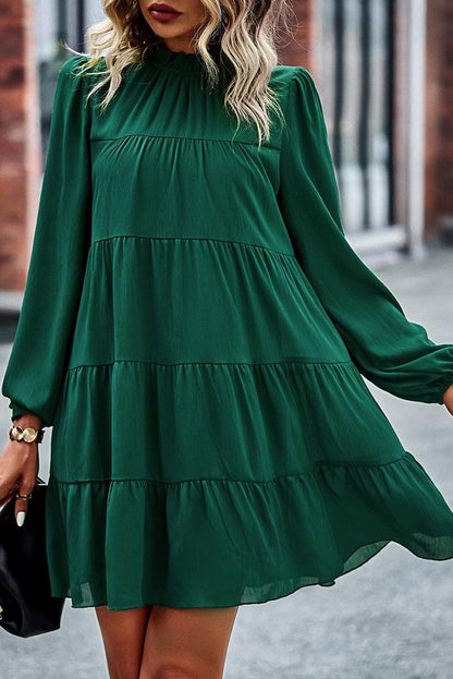 Green Puff Sleeve Mock Neck Back Knot Tiered Dress - L & M Kee, LLC