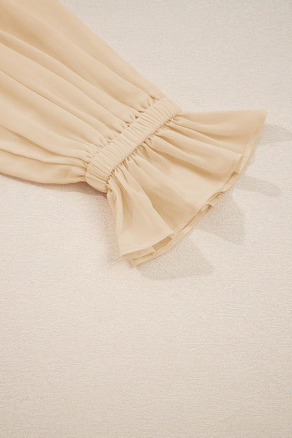 Parchment Pleated Ruffle Long Sleeve Chiffon Blouse